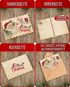 Vintage Kraft Christmas card with Santa Claus illustration, folding design with envelope