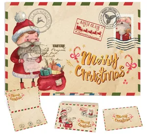 Detailed view of vintage kraft Christmas cards and envelopes with Santa Claus illustration