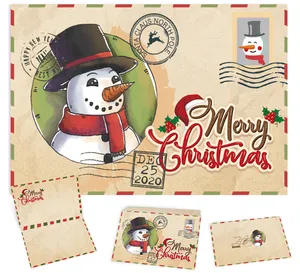 Detailed view of vintage kraft Christmas card with snowman illustration and envelope
