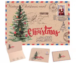 Vintage kraft paper Christmas card set with hand-drawn tree and festive postmarks design