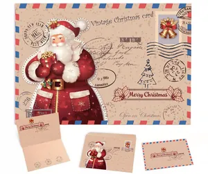 Detailed view of vintage kraft Christmas card and envelope set with Santa design