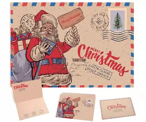 Vintage kraft Christmas greeting card set featuring Santa Claus illustration and envelope