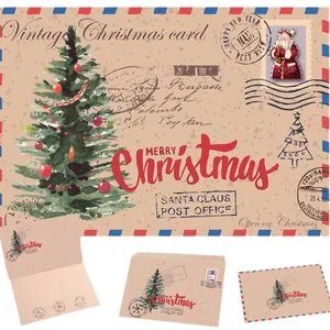 Vintage kraft Christmas cards set with festive tree and Santa Claus postmark designs