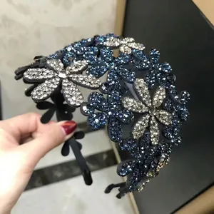 Elegant blue floral rhinestone headband with non-slip teeth for women fashion accessory