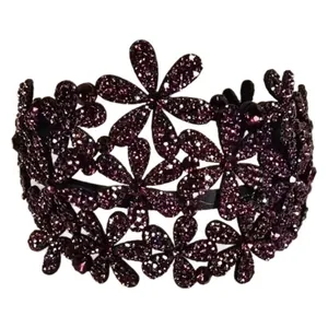 Elegant wide headband with dark purple floral crystal embellishments for women