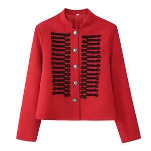Elegant red military style short jacket featuring black braided trim and silver buttons
