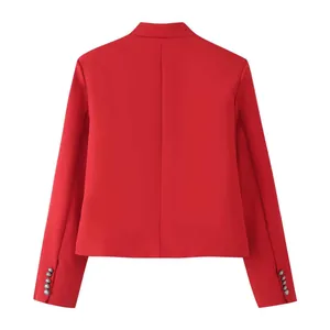 Close-up back view of a vibrant red women's minimalist slim fit cropped blazer jacket
