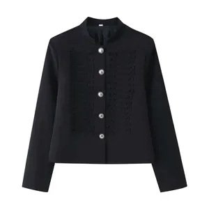 Slim-fit black military style short jacket with silver buttons and braided embroidery