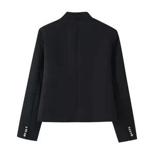 Back view detail of a black slim-fit women's blazer with silver cuff buttons