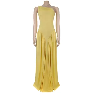 Elegant yellow one-shoulder maxi dress with slim fit and pleated floor-length skirt.