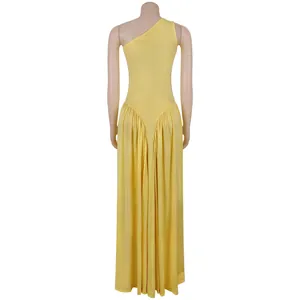 Detailed back view of a yellow one-shoulder pleated maxi dress on a mannequin