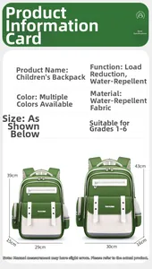Green and white ergonomic waterproof schoolbag for primary students in two sizes