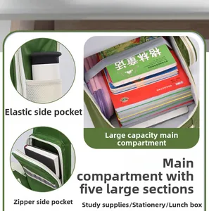 Detailed view of green school backpack main compartment and side storage pockets