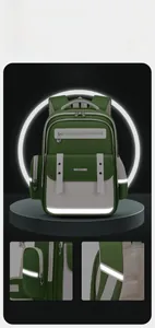 Detail view of green ergonomic school backpack showing reflective safety strips.