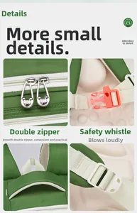 Detail view of backpack double zippers and integrated chest strap safety whistle