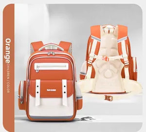 Ergonomic orange and white primary school backpack with spinal protection and large capacity