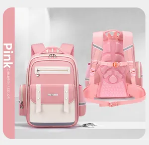 Detailed front and back view of a pink ergonomic schoolbag for elementary students