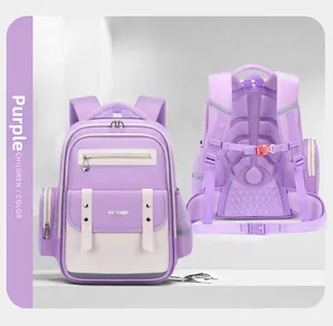 Purple ergonomic children's school backpack showing front and back views for detail