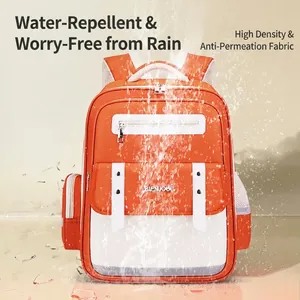 Water-resistant orange and white children's ergonomic schoolbag for primary students