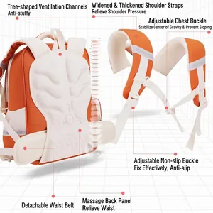 Orange ergonomic primary school backpack with breathable back and massage panel