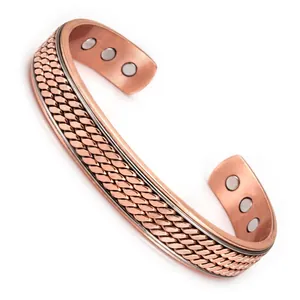 Adjustable woven copper magnetic therapy cuff bracelet for health and wellness
