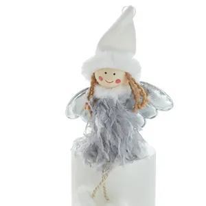 Cute plush Christmas angel ornament with grey feathers and silver wings for tree decor