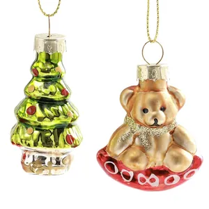 Set of glass painted Christmas tree and bear hanging ornaments for holiday decor