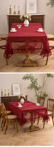 Red hollow lace tablecloth with ruffles shown in a vintage dining room setting.