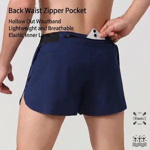 Men's navy blue marathon running shorts with rear zipper pocket for smartphone storage