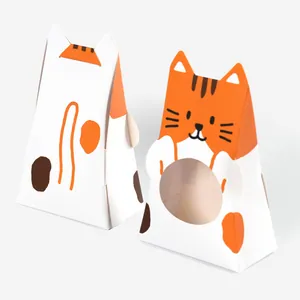 Cute orange cat themed triangular folding paper gift box with round transparent window