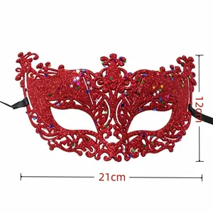 Detailed view of red glitter masquerade mask showing 21cm width and 12cm height dimensions