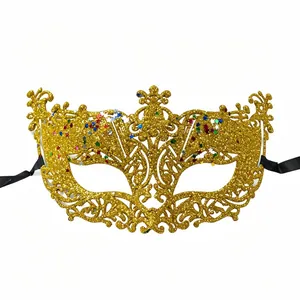 Gold glitter masquerade mask with hollow-out design for parties