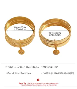 Detailed view of ethnic gold bangle set with measurements and iron material specs.