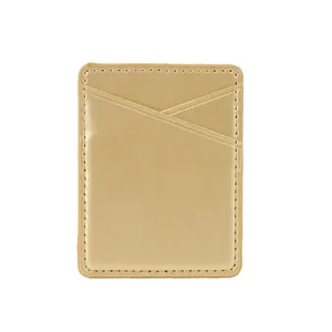 Close-up detail of champagne gold PU leather double slot adhesive phone card holder