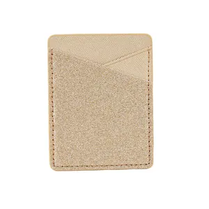 Detailed view of champagne gold glitter adhesive phone card holder with double pockets