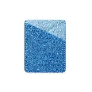 Close-up of a glittering blue PU leather phone card holder with double slot design.