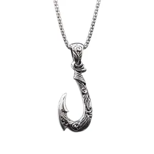 Vintage silver-toned fish hook pendant necklace with intricate tribal engravings for men