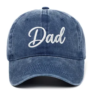 Close-up of vintage washed blue baseball cap with white Dad embroidery