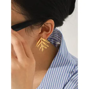 Elegant 18K gold plated stainless steel leaf earrings for women, minimalist ins style jewelry