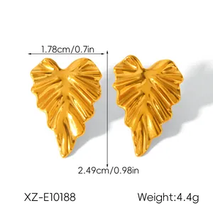 Detailed size view of gold-plated stainless steel leaf stud earrings showing dimensions