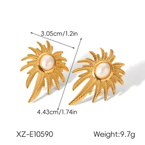 Professional detailed dimensions of 18K gold plated leaf earrings with pearl inlay