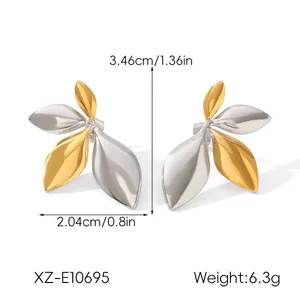Detailed view of two-tone gold and silver leaf earrings with size and weight specs