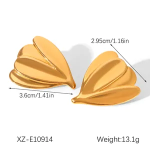Detailed studio macro shot of 18K gold plated stainless steel leaf earrings dimensions