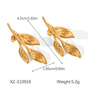 Detailed view of 18K gold plated stainless steel leaf stud earrings with dimensions