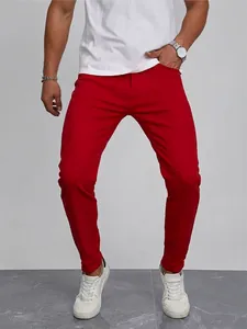 Men's Red Slim Fit Cotton Stretch Chino Pants Casual Fashionable Solid Long Trousers For Daily Business Office Wear