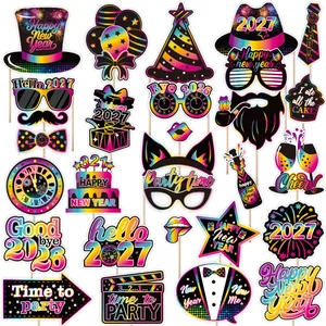 Set of 24 New Year 2027 photo booth props with vibrant rainbow neon color designs