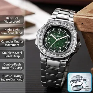 Luxury Rhinestone Quartz Men's Watch Stainless Steel Strap Waterproof Luminous Date Business Casual Wristwatch