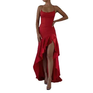 Elegant red spaghetti strap dress with high-low ruffled hem and sexy thigh slit