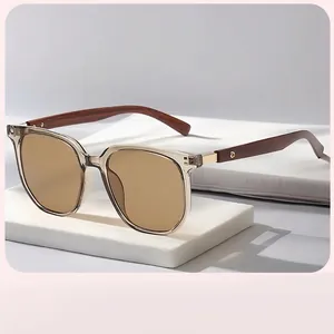 Retro Square Sunglasses With Wood Grain Temples UV400 Protection Vintage Polygonal Frame Eyewear For Men Women Fashion