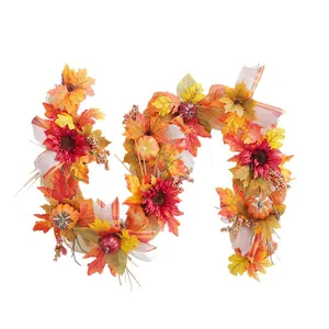 1.8m Artificial Maple Leaf Garland with Pumpkins and Sunflowers for Thanksgiving